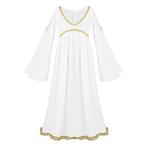 zdhoor Kids Girls Greek Princess Dress Halloween Costume Gold Trim V-Neck Long Sleeve Party Cosplay Sundress White 8-10