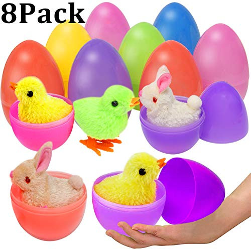 Double Couple 8 Pack Easter Eggs Filled with Wind-Up Rabbits and Chics Surprise Prefilled Plastic Easter Egg Toys Set for Party Favors Easter Basket Stuffers Fillers (4 Rabbits and 4 Chicks)