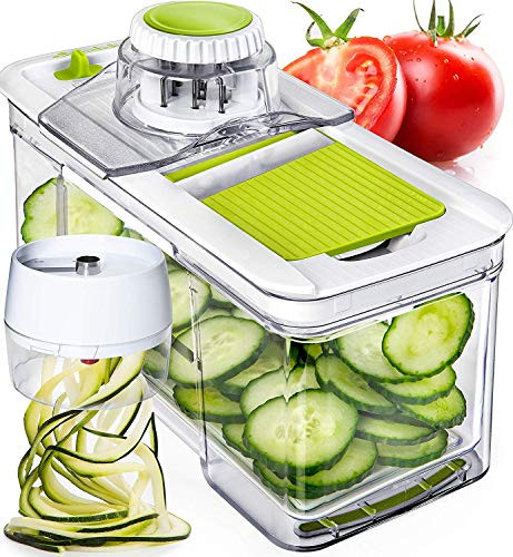 Adjustable Mandoline Slicer with Spiralizer Vegetable Slicer - Green Veggie Slicer Mandoline Food Slicer with Julienne Grater - V Slicer Mandoline Cutter Vegetable Cutter Zoodle Maker by Prep Naturals