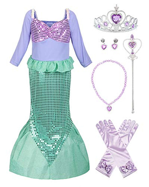ReliBeauty Girls Ariel Dress Sequins Little Mermaid Costume with Accessories, 7-10/140