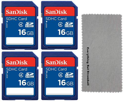SanDisk 16 GB Class 4 SD HC Flash Memory Card - 4 Pack With Everything But Stromboli (tm) MicroFiber Cleaning Cloth