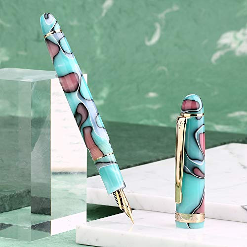 Moonman S3 Marble Blue Acrylic Fountain Pen, Iridium Fine Nib Signature Pen, Gold Trim Business Gift Writing Pen