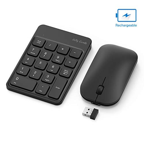 Rechargeable Wireless Number Pad and Mouse Combo, Jelly Comb N026C 2.4GHz Portable Ultra Slim USB Numeric Keypad and Mouse for Laptop, PC