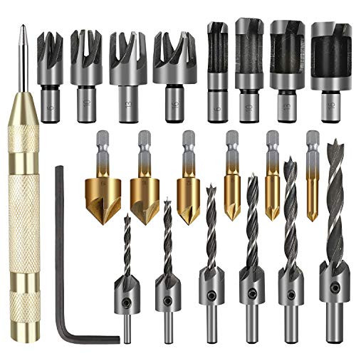 Woodworking Drilling Chamfer Tool 23 Pack, Linkstyle 6pcs 1/4" Hex Shank HSS 5 Flute 90 Degree Countersink Drill Bits, 7pcs Three Pointed Countersink Drill Bit with L-wrench, 8pcs Wood Plug Cutter