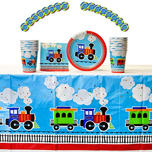All Aboard Train Party Supplies Pack for 16 Guests |16 Thank You Stickers, 16 Dessert Plates, 16 Beverage Napkins, 16 Cups, and 1 Table Cover | Perfect Train Birthday Party Supplies, Train Decorations