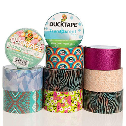 Duck and Scotch Brand Duct Tape Set (10 Assorted Rolls) Colored Duct Tape Multi Pack, Duct Tape Bulk Lot For Duct Tape Designs, DIY Crafts