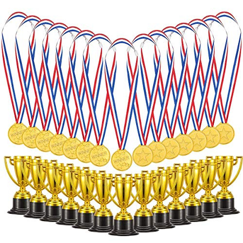 Biubee Pack of 72 Children's Golden Plastic Award Medals Trophy Set- 36Pcs Winner Medals Plus 36 Pcs Trophies for Sports, Competitions, Celebration and Party Favors Biubee Pack of 72 Children's Golden Plastic Award Medals Trophy Set- 36Pcs Winner Medals Plus 36 Pcs Trophies for Sports, Competitions, Celebration and Party Favors