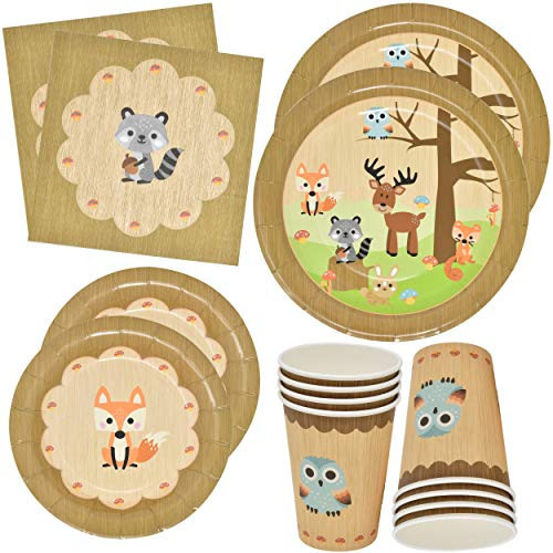 Gift Boutique Woodland Animal Creatures Tableware Set 24 9" Plates 24 7" Plates 24 9 Oz Cups and 50 Luncheon Napkins for Baby Shower Birthday Forest Friends Theme Party Supplies Decorations