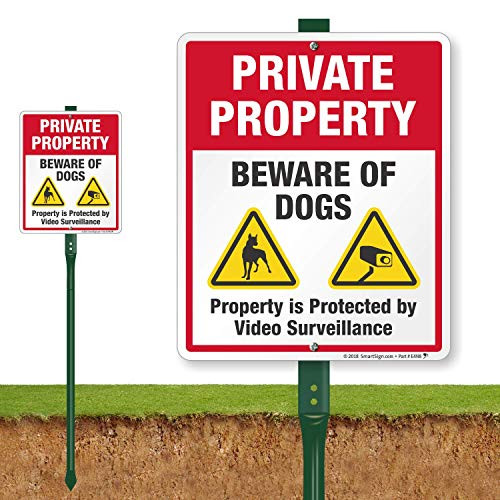SmartSign"Private Property - Beware of Dogs, Property is Protected by Video Surveillance" Sign for Lawn | 12" x 10" Aluminum Sign with 3' Stake [New]