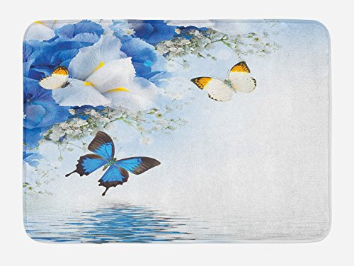 Ambesonne Floral Bath Mat, Blue and White Wild Flowers with Monarch Butterflies Lily Therapy Spa Art Prints, Plush Bathroom Decor Mat with Non Slip Backing, 29.5" X 17.5", Purple Blue