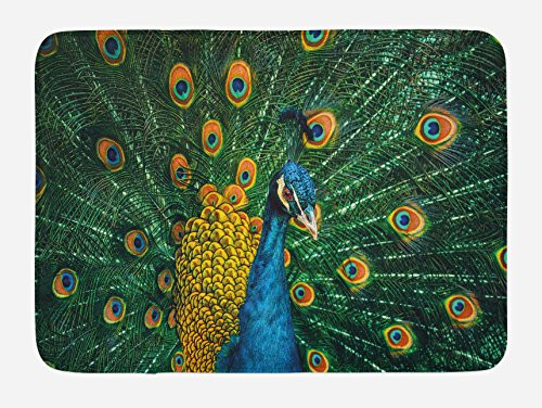 Ambesonne Peacock Bath Mat, Portrait of The Peacock Courtship Display Eye Spotted Tail Tropics Natural, Plush Bathroom Decor Mat with Non Slip Backing, 29.5" X 17.5", Orange Blue Green