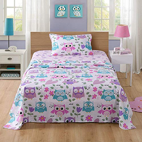 MarCielo Bed Sheets for Kids Twin Sheets for Kids Girls Boys Teens Children Sheets Soft Fitted Flat Printed Sheet Pillowcase Kids Bedding Bunk Beds Set Owl (Twin)