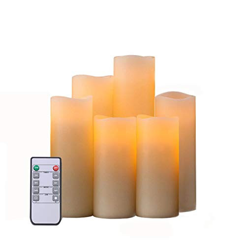 Beichi Flameless Battery Operated Candles Set of 6(D2.2 x H 5" 5" 6" 6" 7" 8"), Ivory Real Wax Pillar LED Candles with Remote Timer, Amber Yellow Flickering Flameless Candles for Home Decoration