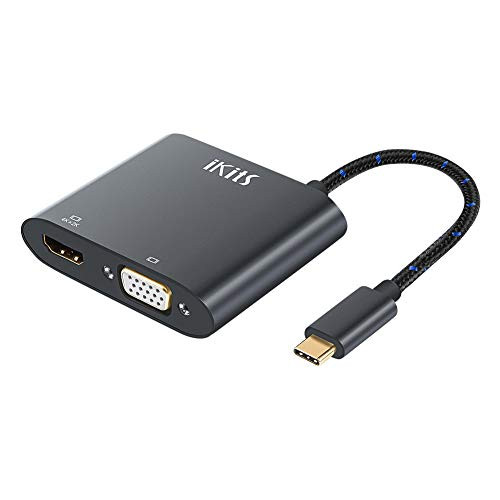 USB Type-C to HDMI VGA Adapter, iKits USB 3.1 Type C Male to 4K HDMI+ VGA Female Video Converters Compatible with XPS 15/13,iMac 2017,MacBook Pro 2017/2016,Chromebook Pixel,Yoga 910,Galaxy S9 & More