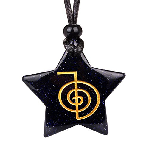 Magical Super Star Choku Rei Reiki Powers Amulet Blue Goldstone Lucky Charm Pendant Adjustable Necklace