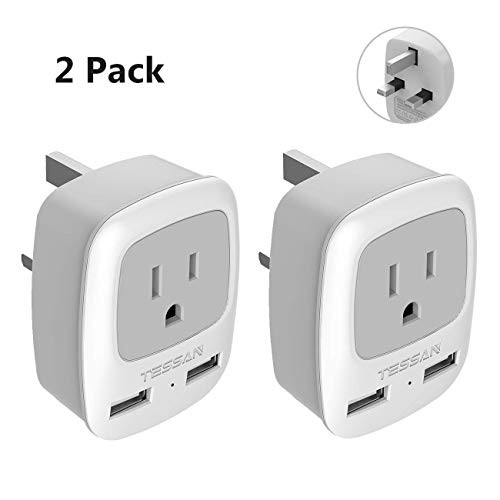 UK Hong Kong Ireland Travel Plug Adapter 2 Pack, TESSAN Type G Power Outlet Adaptor with 2 USB for USA to London Scotland Dubai British England