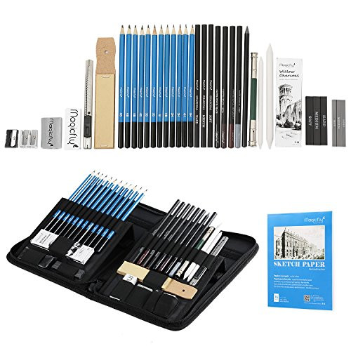 Charcoal Drawing Set 41 Pcs, Magicfly Art Pencils for Drawing and Shading with Sketch Book, Kit Bag, Tools, Erasers,Pro Graphite Pencil Sketch Set for Drawing