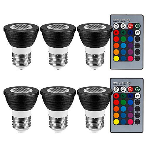 TORCHSTAR 6 Pack 3W Multi-Color E26 LED Bulbs, Dimmable RGB floodlight Bulbs with 2 Remote Controllers, Color Changing Reflector, LED Mood Light Bulbs for General, Decorative, Accent Lighting - Black
