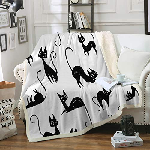Sleepwish Black Cat Fleece Throw Blanket Modern Cats Silhouettes Plush Sherpa Fleece Blanket for Kids Girls Boys (50" x 60")