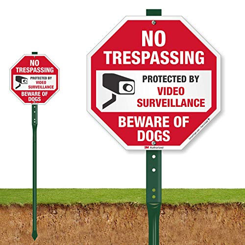 SmartSign "No Trespassing - Protected by Video Surveillance, Beware of Dogs" Sign for Lawn | 10" Octagon 3M Engineer Grade Reflective Aluminum Sign with 3' Stake [New]