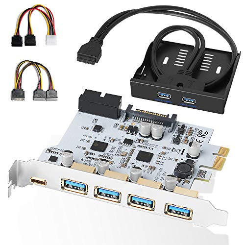 QNINE 5 Ports PCIe USB 3.0 Card, 4 x USB A + 1 x USB C, USB 3.0 PCIe Expansion Card Include a USB 3.0 Front Panel Expansion Bay and 2 Power Cables
