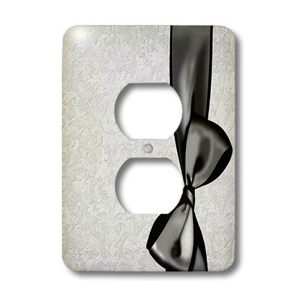 3dRose  lsp_33535_6 Rich Gray Faux Satin Bow On Silver Grunge Damask Background 2 Plug Outlet Cover