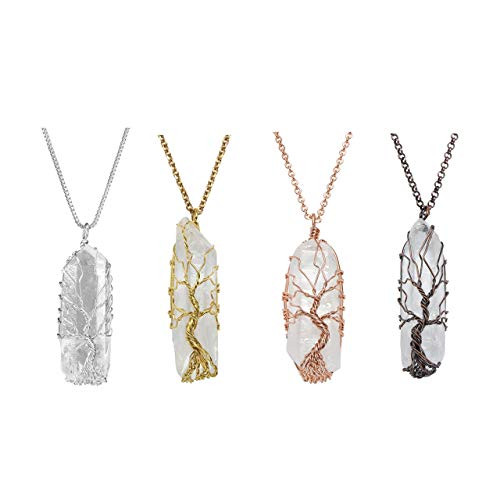 Top Plaza Natural Raw Stone Healing Crystal Necklaces Tree of Life Wire Wrapped Clear Quartz Point Pendant for Womens Ladies - Set of 4 Top Plaza Natural Raw Stone Healing Crystal Necklaces Tree of Life Wire Wrapped Clear Quartz Point Pendant for Womens Ladies - Set of 4