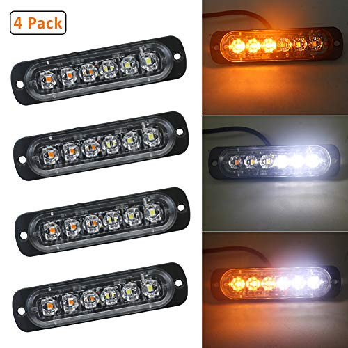 Ralbay 4pcs Ultra Slim 6-LED Surface Mount Grille Flashing Strobe Lights for Truck Car Vehicle Emergency Beacon Hazard Warning Lights 12-24V (Yellow/White)