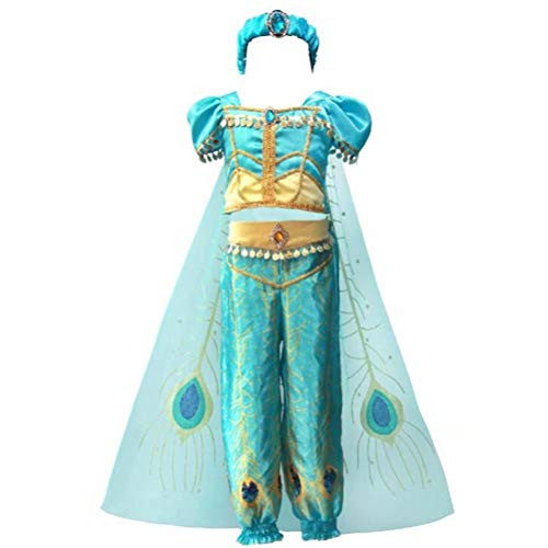Tsyllyp Girls 4pcs Princess Jasmine Dress Up Aladdin Halloween Costumes Party Outfit Cosplay with Cape Headband Light Blue Tsyllyp Girls 4pcs Princess Jasmine Dress Up Aladdin Halloween Costumes Party Outfit Cosplay with Cape Headband Light Blue