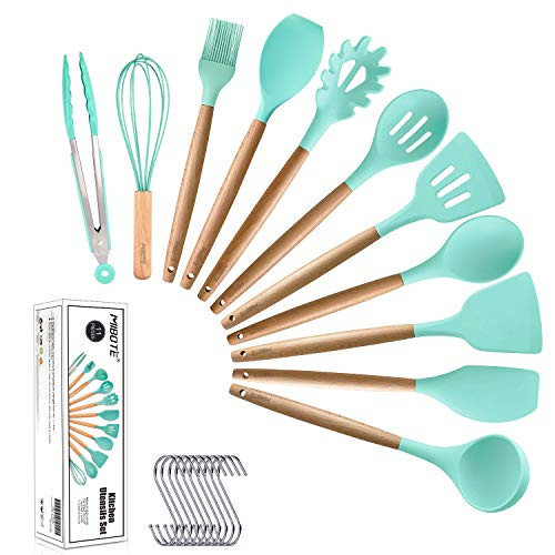 MIBOTE 11pcs Silicone Cooking Kitchen Utensils Set, Bamboo Wooden Handles Cooking Tool BPA Free Non Toxic Silicone Turner Tongs Spatula Spoon Kitchen Gadgets Utensil Set for Nonstick Cookware (Green)