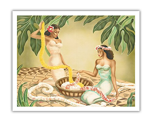 Pacifica Island Art Twin Leimakers - Two Hawaiian Women making Leis - Vintage Hawaiian Airbrush Art by Gill c.1940s - Hawaiian Fine Art Print - 11in x 14in
