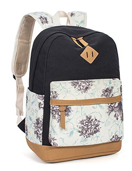 Leaper Floral School Backpack College Bookbags Shoulder Bag Satchel Black