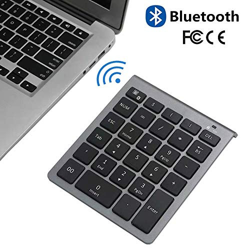 Bluetooth Number Pad, Ulytech Slim 28-Key Bluetooth Numeric Keypad: Wireless Numpad Keyboard Extensions for Financial Accounting Data Entry for MacBook, Tablets, PC, Laptop etc,Windows-Black+Grey