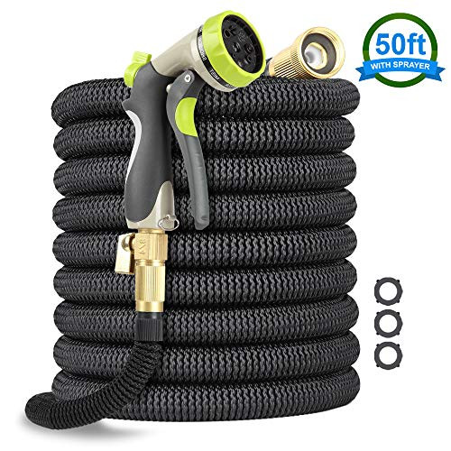 EcoEarth 50 Ft Expandable Garden Hose, Premium Flexible Water Hose with 3/4 Nozzle Solid Brass Connector and Double Layer Latex, High Pressure 8 Function Water Spray Nozzle Expanding Hose