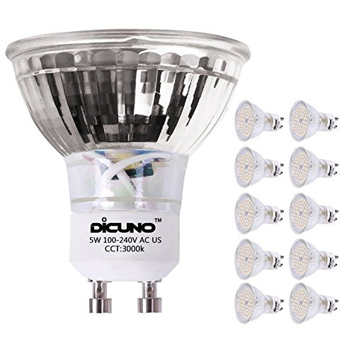 DiCUNO GU10 LED Bulbs 5W Warm White, 3000K, 500lm, 120 Degree Beam Angle, Spotlight, 50W Halogen Bulbs Equivalent, Non-dimmable MR16 LED Light Bulbs, 10-Pack