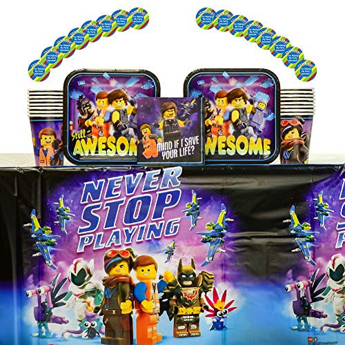 Lego Movie 2 Party Supplies Pack for 16 Guests: Stickers, Dessert Plates, Beverage Napkins, Cups, and Table Cover (Bundle for 16)