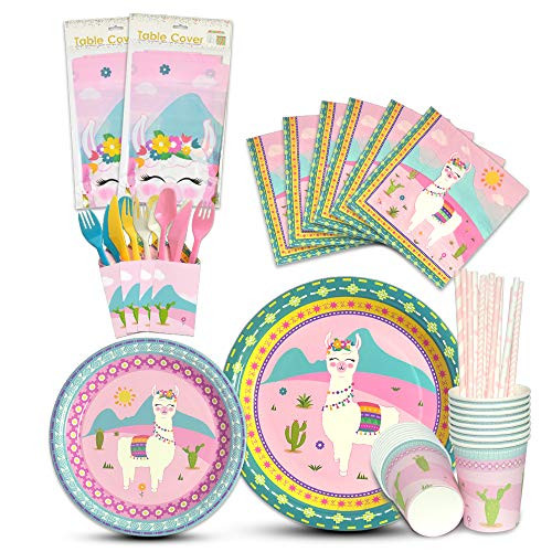 WERNNSAI Llama Tableware Set - Alpaca Pink Party Supplies for Girl Kids Birthday Baby Shower Includes Cutlery Bag Table Cover Plates Cups Napkins Straws Utensils Serves 16 Guests 146PCS