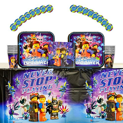 Lego Movie 2 Party Supplies Pack for 16 Guests: Stickers, Dinner Plates, Lunch Napkins, Cups, and Table Cover (Bundle for 16)