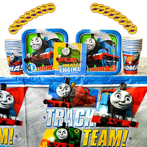 Thomas All Aboard Train Party Supplies Pack for 16 Guests | 16 Stickers, 16 Dessert Plates, 16 Beverage Napkins, 16 Cups, and 1 Table Cover | Train Decorations For The Perfect Train Birthday Party