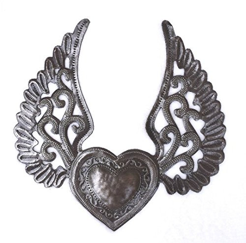 Milagro Heart with Wings, Flying Heart, Tattoo Art, Winged Heart, Angel Wings, Eternal Love, Haitian Metal, 9.5 in. x 10 in.