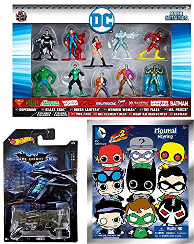 Figural Heroes DC Comics Mini Mega Pack 10 Metal Nano Figures Superman / Flash / Batman / Green Lantern / Wonder Woman / + Batman Dark Knight Hot Wheels & Blind Bag 3D Keychain