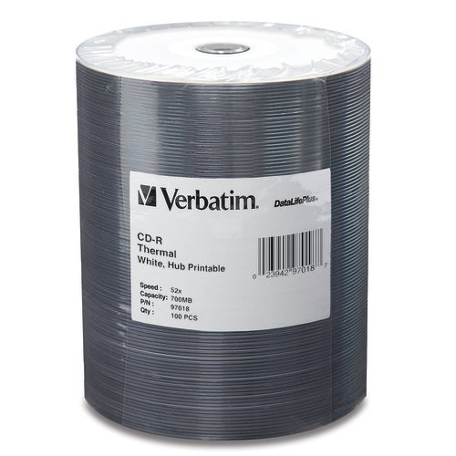 Verbatim CD-R 700MB 52X DataLifePlus White Thermal Printable, Hub Printable - 100pk Tape Wrap Verbatim CD-R 700MB 52X DataLifePlus White Thermal Printable, Hub Printable - 100pk Tape Wrap