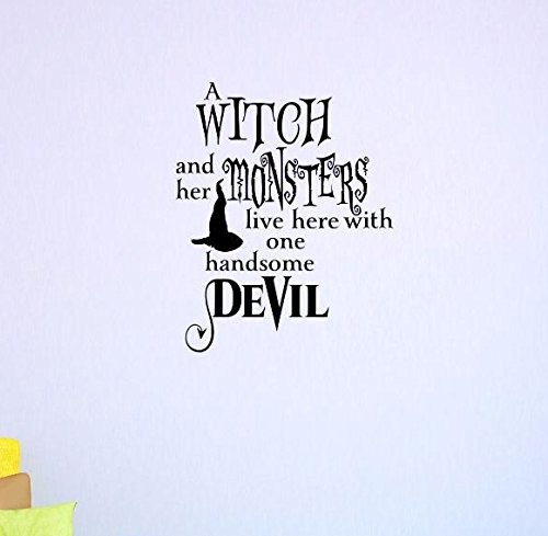 Design with Vinyl US V JER 3251 2 Top Selling Decals A Witch and Her Monsters Live Here with One Handsome Devil Wall Art Size: 14 Inches X 28 Inches Color: Multi, 14" x 28"