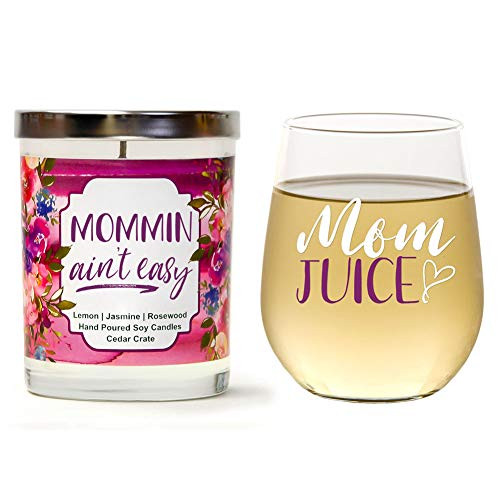 "Mom Juice" Gift Set | Cute Stemless 15oz Wine Glass | "Mommin Ain't Easy" Luxury Scented 10 oz. Soy Candle | Lemon, Jasmine, Rosewood | Best Gift for Mothers Day, Mom Birthday, Wife, new mom