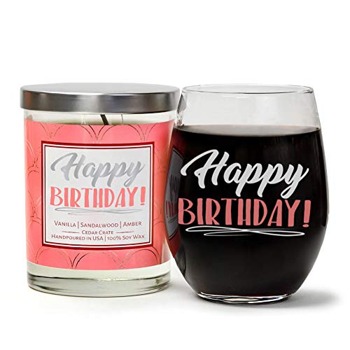 "Happy Birthday"Birthday Gift Set | Cute Stemless 15 oz. Wine Glass |"Happy Birthday" Luxury Scented 10 oz. Soy Candle | Vanilla, Sandalwood, Amber | Happy Birthday Gifts for Women | Gift Box "Happy Birthday"Birthday Gift Set | Cute Stemless 15 oz. Wine Glass |"Happy Birthday" Luxury Scented 10 oz. Soy Candle | Vanilla, Sandalwood, Amber | Happy Birthday Gifts for Women | Gift Box