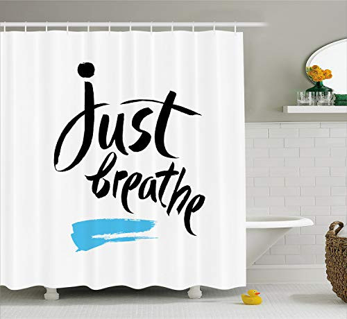 Ambesonne Just Breathe Shower Curtain, Inspirational Words Calligraphy with Blue Brushstroke Detail, Cloth Fabric Bathroom Decor Set with Hooks, 70" Long, Pale Blue