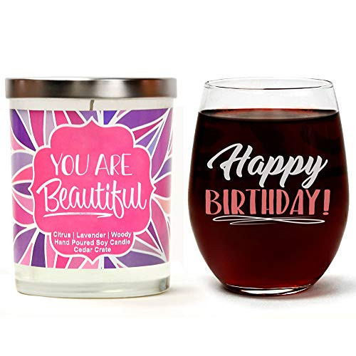 "Happy Birthday" Birthday Gift Set | Cute Stemless 15 oz. Wine Glass | "You Are Beautiful" Luxury Scented 10 oz. Soy Candle | Citrus, Lavender, Woody | Happy Birthday Gifts for Women | Gift Box "Happy Birthday" Birthday Gift Set | Cute Stemless 15 oz. Wine Glass | "You Are Beautiful" Luxury Scented 10 oz. Soy Candle | Citrus, Lavender, Woody | Happy Birthday Gifts for Women | Gift Box