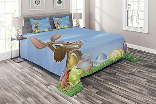 Ambesonne Easter Coverlet, Painted Easter Eggs with Dots Chevron Zigzags and Stripes in a Basket Cartoon Bunny, 3 Piece Decorative Quilted Bedspread Set with 2 Pillow Shams, King Size, Baby Blue