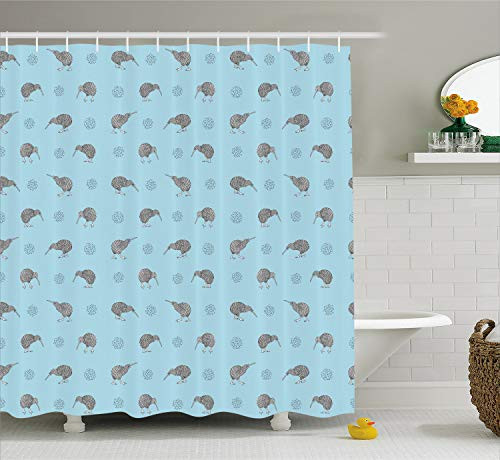 Ambesonne Grey Blue Shower Curtain, Kiwi Birds Indigenous New Zealand Animals Doodle Style Tropical Wildlife, Cloth Fabric Bathroom Decor Set with Hooks, 70" Long, Blue and Grey