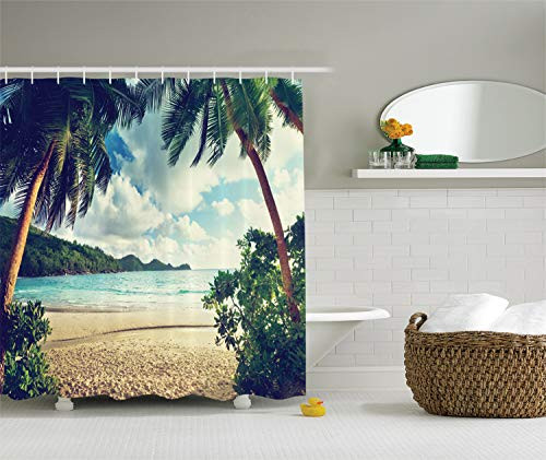 Ambesonne Palm Tree Shower Curtain, Summer Beach Vintage Style Tropical Sunset Picture Print, Cloth Fabric Bathroom Decor Set with Hooks, 70" Long, Dark Green